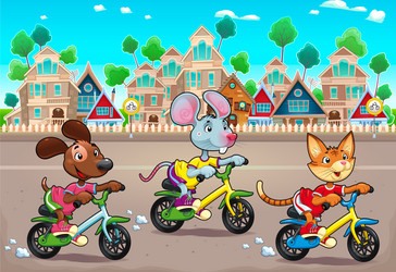 Funny pets are riding bikes in the town vector