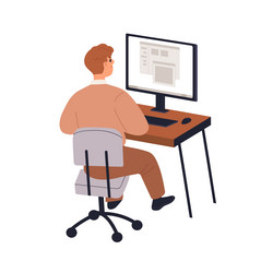 teenager student at computer desk school boy vector