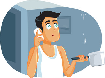 man calling plumber while ceiling vector image