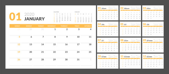 Calendar for 2020 new year in clean minimal table vector