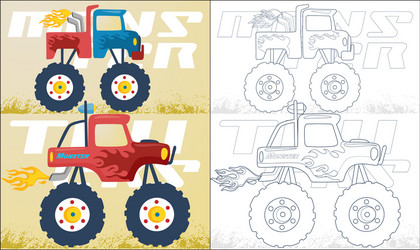 coloring book or page with two monster truck vector