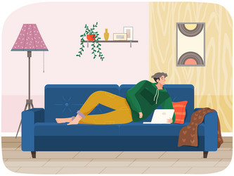 man lying on couch with computer holding laptop vector image