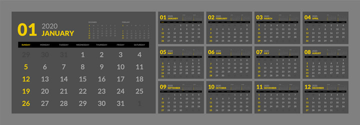 Calendar for 2020 new year in clean minimal table vector