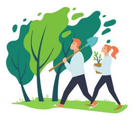 Man and woman planting trees flowers vector