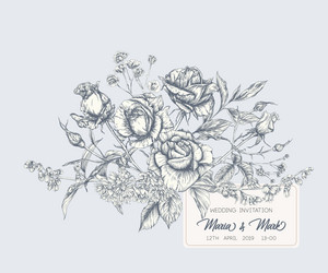 wedding invitation with roses and spring flowers Vector Image