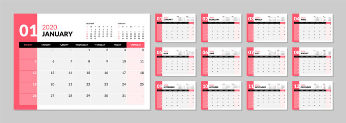 Calendar for 2020 new year in clean minimal table vector