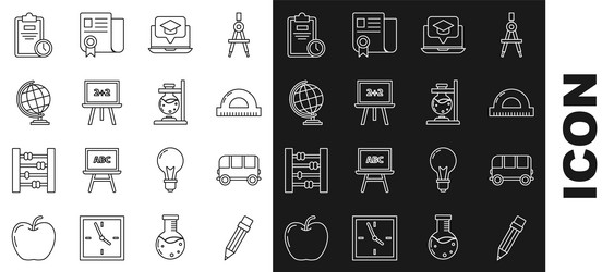 set line pencil with eraser school bus protractor vector image