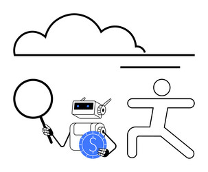 robot with magnifying glass and coin analyzes data vector image