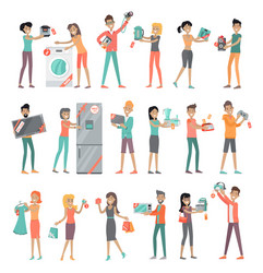 set of peoples on electronics store sale vector