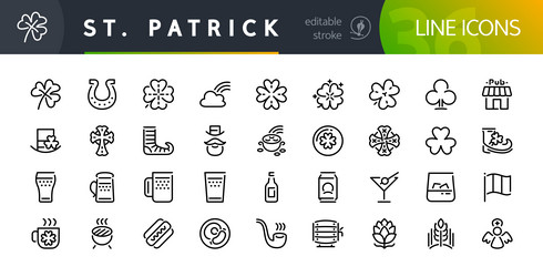 st patricks day line icons set with editable vector image
