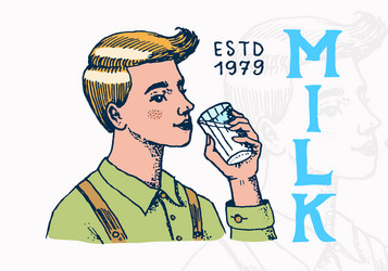 a man drinking glass milk vintage logo vector