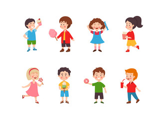 cute kids with sweet junk food flat vector