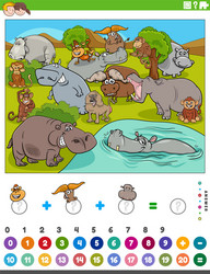 counting and adding game with cartoon wild animals vector image