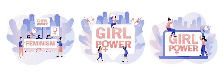 Girl power and feminism concept tiny women vector