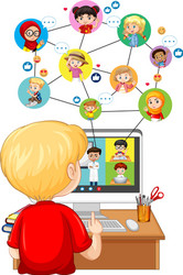 back view boy looking at computer for online vector image
