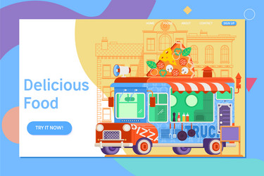 Landing page template of colorful flat pizza truck vector