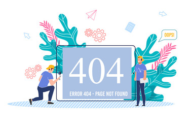 technician male team working on fixing 404 error vector image