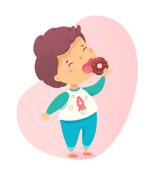 cute little boy enjoy eating sweet chocolate donut vector