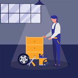 mechanic worker with tire car and toolbox vector image