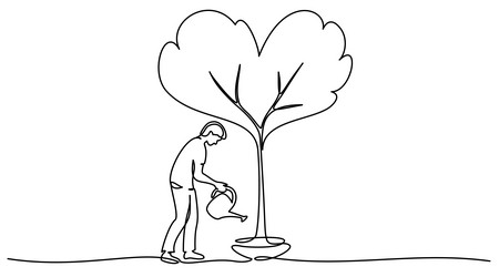 Man watering tree in form of heart continuous one vector