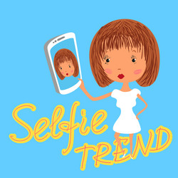 Girl is taking selfie handdrawn on blue background vector