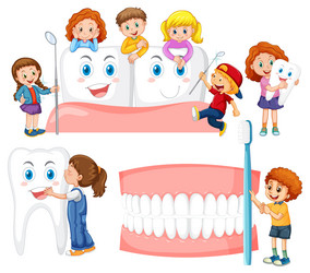 Set of happy kids holding dental cleaning vector