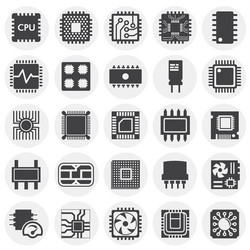 Computer chip related icons set on background vector