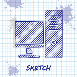 sketch line computer monitor icon isolated vector image
