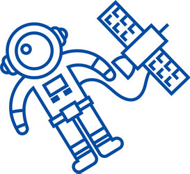 Spaceman in space with spaceship line icon concept vector