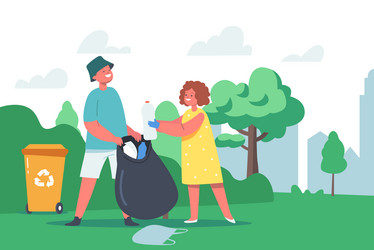 little girl and boy characters collect garbage vector