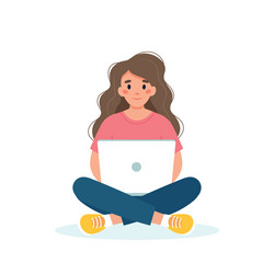 Woman with a laptop working student or freelancer vector