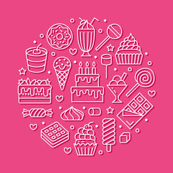 Sweet food round poster with flat line icons vector