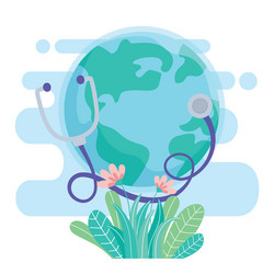 world with stethoscope and flowers save vector