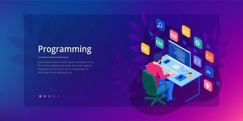 Isometric programmer coding new project web vector