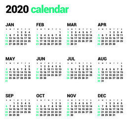 Calendar for 2020 new year in clean minimal table vector