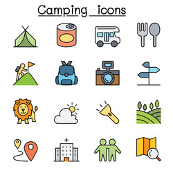 Camping hiking color line icon set vector