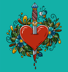 tattoo dagger piercing heart with dripping blood vector