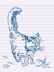 One line drawing cat sitting with curled tail Vector Image