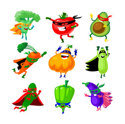 set vegetables in super hero costume funny vector