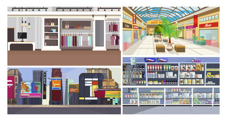 Shopping centers flat set Royalty Free Vector Image