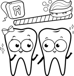 Cute Cartoon Teeth with Toothbrush and Floss Vector Image
