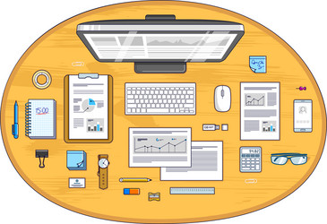 office desk workspace top view with pc computer vector image