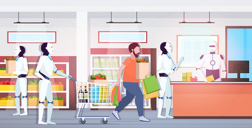 robots and people standing line queue to robotic vector image