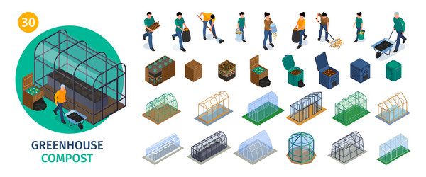 farm greenhouse isometric set vector