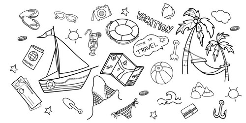 Beach theme doodle set seaside sport activities vector