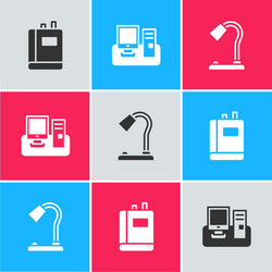set book monitor with keyboard and table lamp vector image