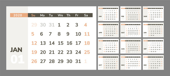 calendar for 2020 new year in clean minimal table vector