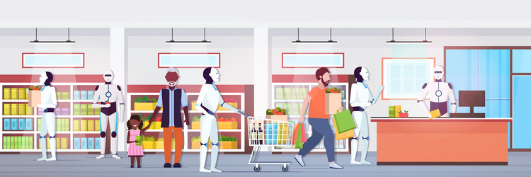 robots and people standing line queue to robotic vector image
