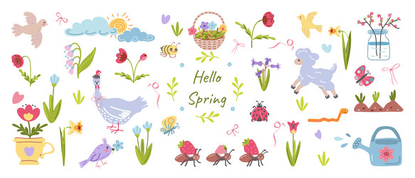 hello spring set of cute elements vector image