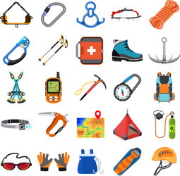 Mountaineering equipment icons set flat style vector